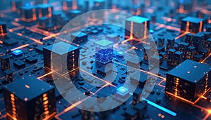 Digital render of data center infrastructure. Kubernetes clusters orchestration platforms for cloud management automation. Tech