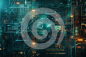 A digital rendering of an abstract cybersecurity network with digital locks, shields, and network nodes protected by AI