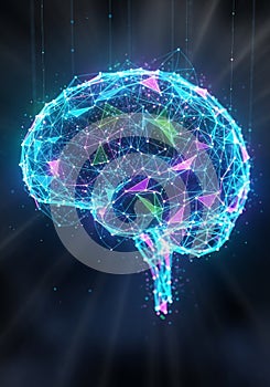 A digital rendering of a brain composed of interconnected neon-