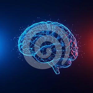 A digital rendering of a brain is depicted in this image, featuring a network of