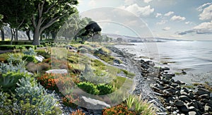 A digital rendering of a coastal region showcasing innovative techniques for controlling erosion and restoring native