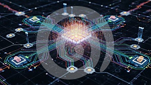 A digital rendering of a complex network simulating a futuristic circuit board