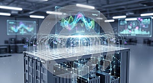 A digital rendering of a data center with a focus on a server rack. The