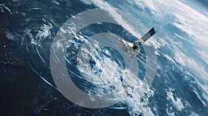 satellite orbiting earth digital trails