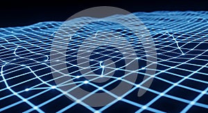 A digital rendering features a three-dimensional grid of blue lines on a black