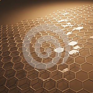 A digital rendering featuring a honeycomb pattern composed of hexagonal shapes.