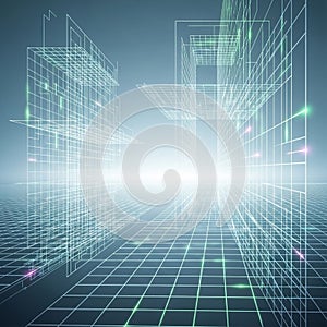 Virtual grid landscape with geometric wireframe structures resembling