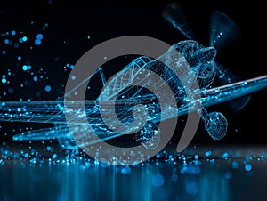 Digital rendering of a futuristic airplane model with glowing blue wireframe design