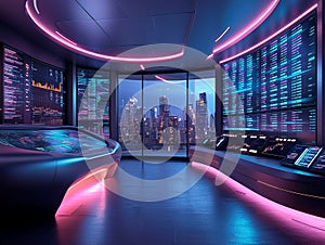 A digital rendering of a futuristic command center with multiple workstations, large screens displaying data