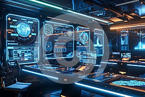 Futuristic Control Room Advanced Technology, Data Visualization, Spaceship Interface