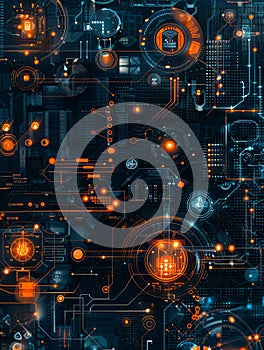 A digital rendering of a futuristic cybersecurity network with digital locks, shields, and network nodes protected by AI