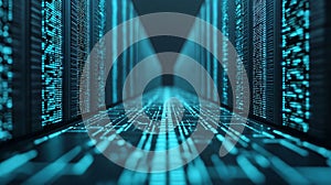 Futuristic Data Center Server Room Corridor with Glowing Digital Code AI generated.