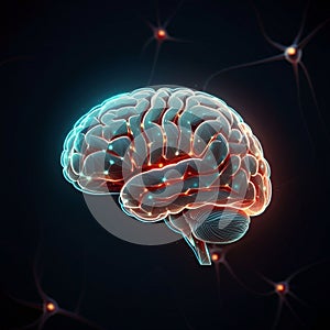Digital rendering of a human brain glowing with neon blue and orange highlights