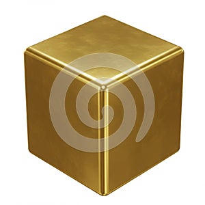 A digital rendering of a metallic gold cube against a white background. The cube has a