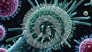 A digital rendering of a microscopic view of bacteria and viruses. Artificial intelligence.
