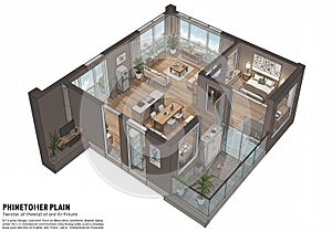 A digital rendering of a modern apartment layout. The design features a spacious