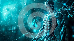 Digital rendering of a muscular human figure with connective data lines on a digital background