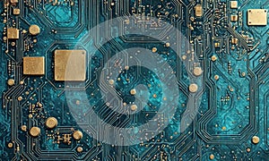 circuit board with gold and blue circuiting photo