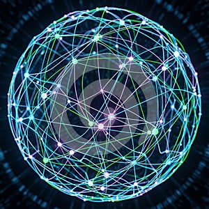 A digital rendering showcasing a spherical network structure composed of