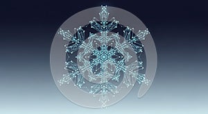A digital rendering of a snowflake composed of interconnected lines and nodes,