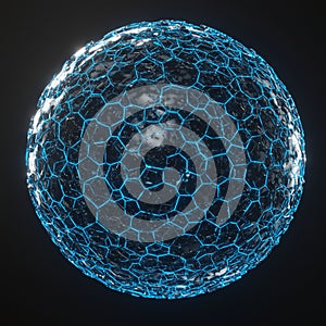 A digital rendering of a sphere with a hexagonal pattern. The structure appears to be