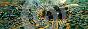 A digital rendering of a tiny mechanical insect trapped inside a circuit board maze symbolizing a software bug in a computer