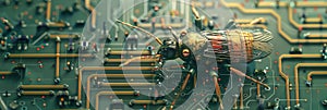 A digital rendering of a tiny mechanical insect trapped inside a circuit board maze symbolizing a software bug in a computer