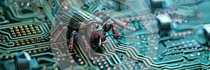 A digital rendering of a tiny mechanical insect trapped inside a circuit board maze symbolizing a software bug in a computer