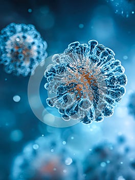 Digital rendering of virus particles in a microscopic environment
