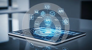 A digital representation of an API (Application Programming Interface) concept is