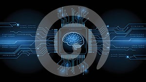 A digital representation of an artificial intelligence processor chip with a glowing human brain