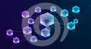 A digital representation of a blockchain network features interconnected cubes on