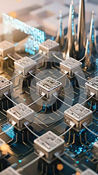 A digital representation of a blockchain network with interconnected nodes and data blocks