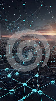 A digital representation of a blockchain network with interconnected nodes and data blocks