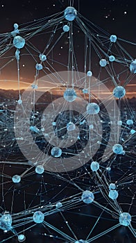 A digital representation of a blockchain network with interconnected nodes and data blocks