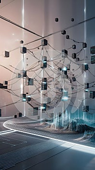 A digital representation of a blockchain network with interconnected nodes and data blocks