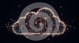 A digital representation of a cloud composed of interconnected circuits and nodes.