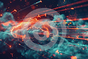 A digital representation of cloud computing with data processing and artificial intelligence operations taking place