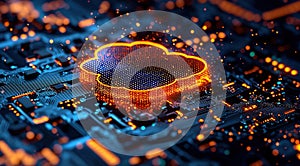 Digital representation of cloud computing technology on a circuit board with vibrant colors