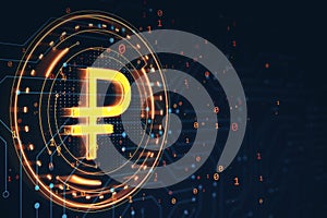 Digital representation of cryptocurrency symbol on a tech background. 3D Rendering