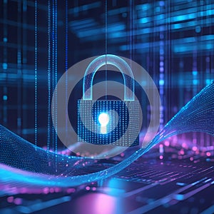 A digital representation of cybersecurity, featuring a glowing blue padlock at the center