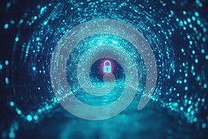 A digital representation of cybersecurity, with a glowing lock symbol and binary code on the screen