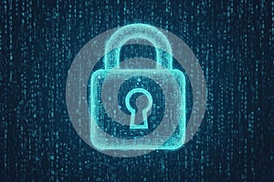 A digital representation of cybersecurity, with a glowing lock symbol and binary code on the screen