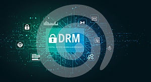 Digital representation of Digital Rights Management (DRM) technology. Central