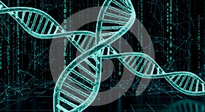 Futuristic DNA double helix with binary code and network on dark background