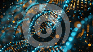Digital DNA Strand with Binary Code Background, Representing Science, Technology, and Data