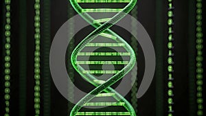 Digital representation of DNA structure with green binary data flowing in the background