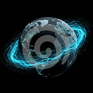 A digital representation of Earth is depicted, surrounded by glowing blue binary code