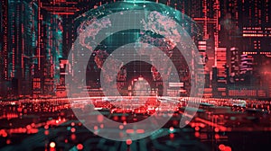Global Digital Network Cityscape with World Map as Digital Interface and Glowing Data Stream