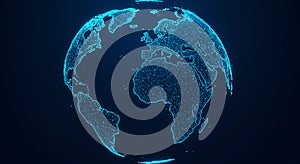 A digital representation of Earth, showcasing a wireframe or network model. The